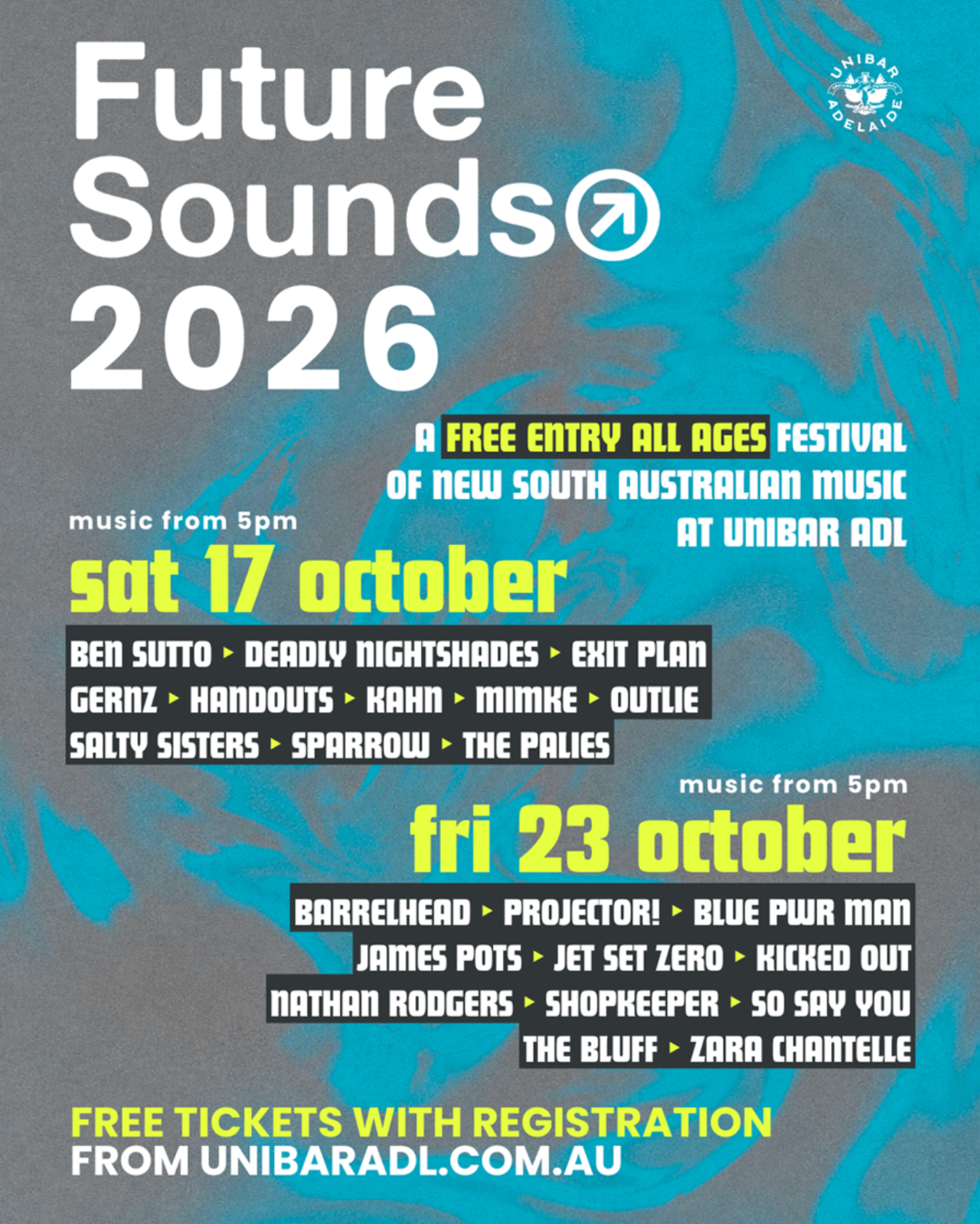 Event poster for Future Sounds 2026 free music festival at UniBar Adelaide in October, showcasing local South Australian musical acts.